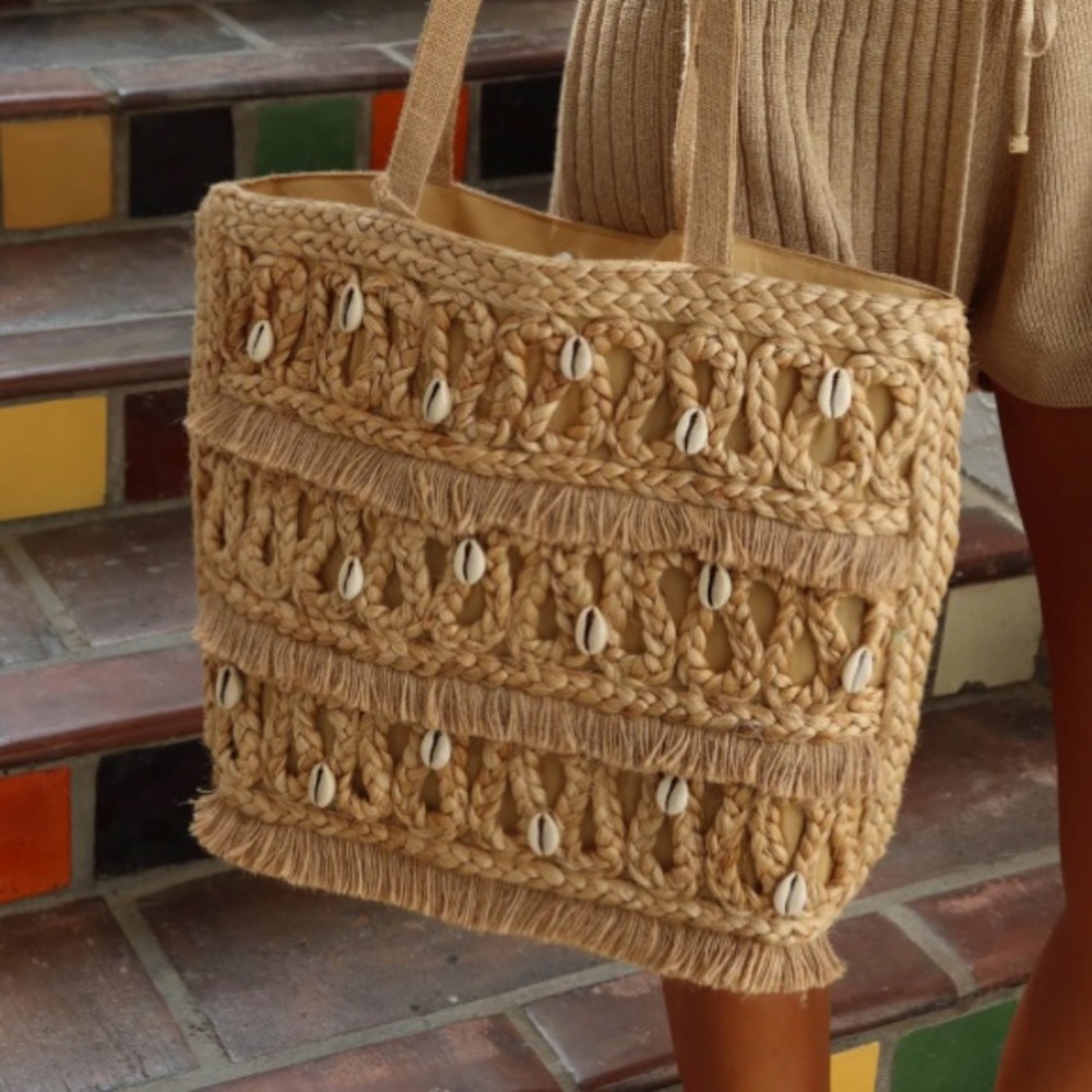 Woven Straw Tote Bag with Shell Accents - Natural